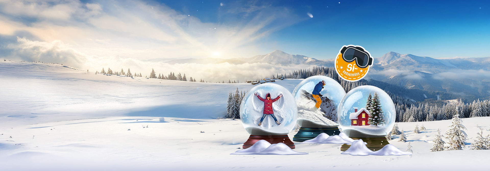 Utazasi utalvány 500000 Ft. A képen 3 üveggömb látható, az egyikben egy hóangyalt készít egy gyerek, a másodikban egy sielőt látunk, a harmadikban pedig egy téli havas házat fenyőfákkal körülvéve.