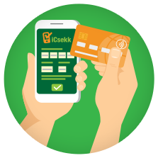 A grafikán egy bankkártyával fizetnek az iCsekk applikációban